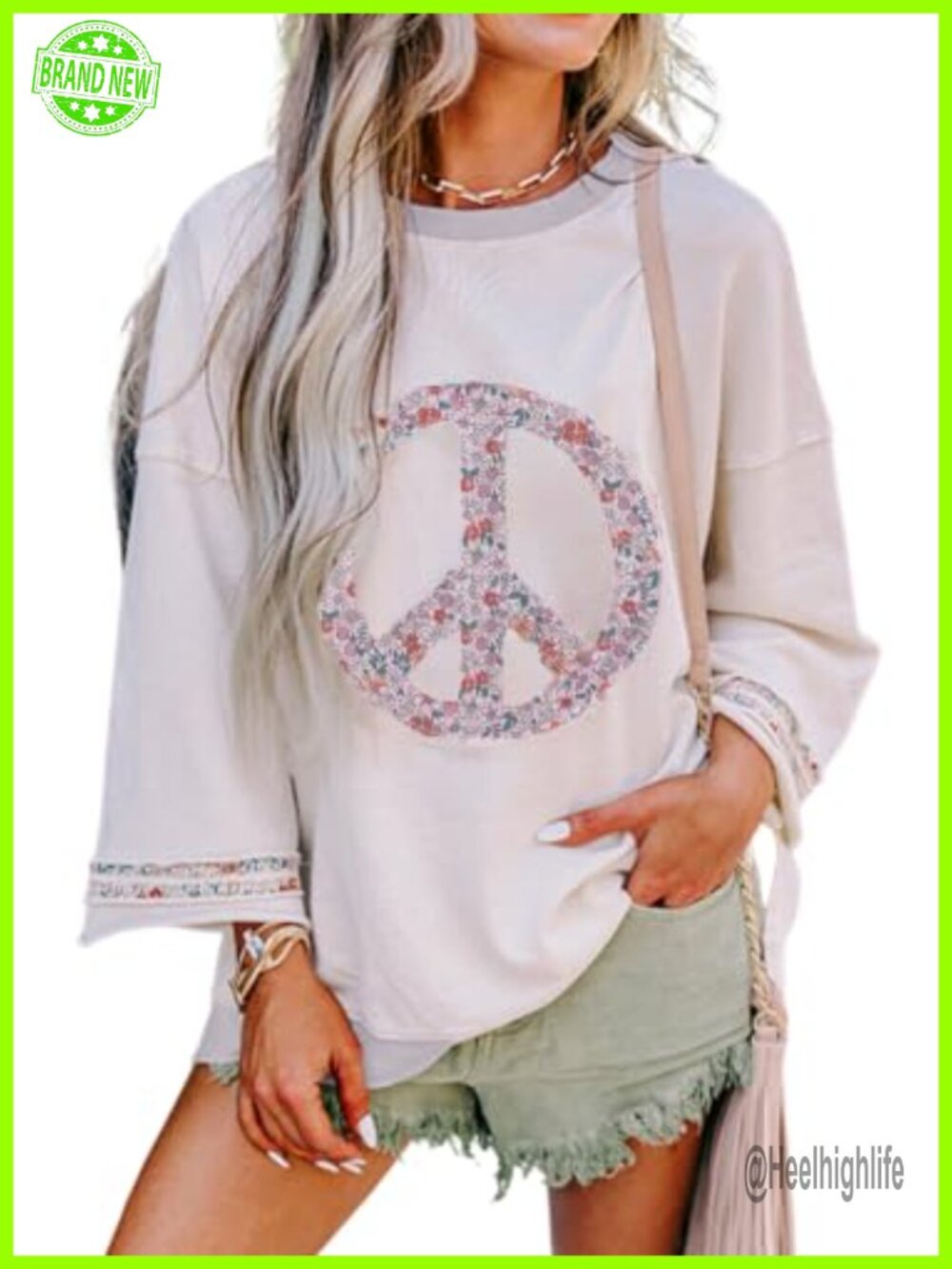 KevaMolly Womens Long Sleeve Floral Peace Sweatshirt Drop Shoulder Pullover
